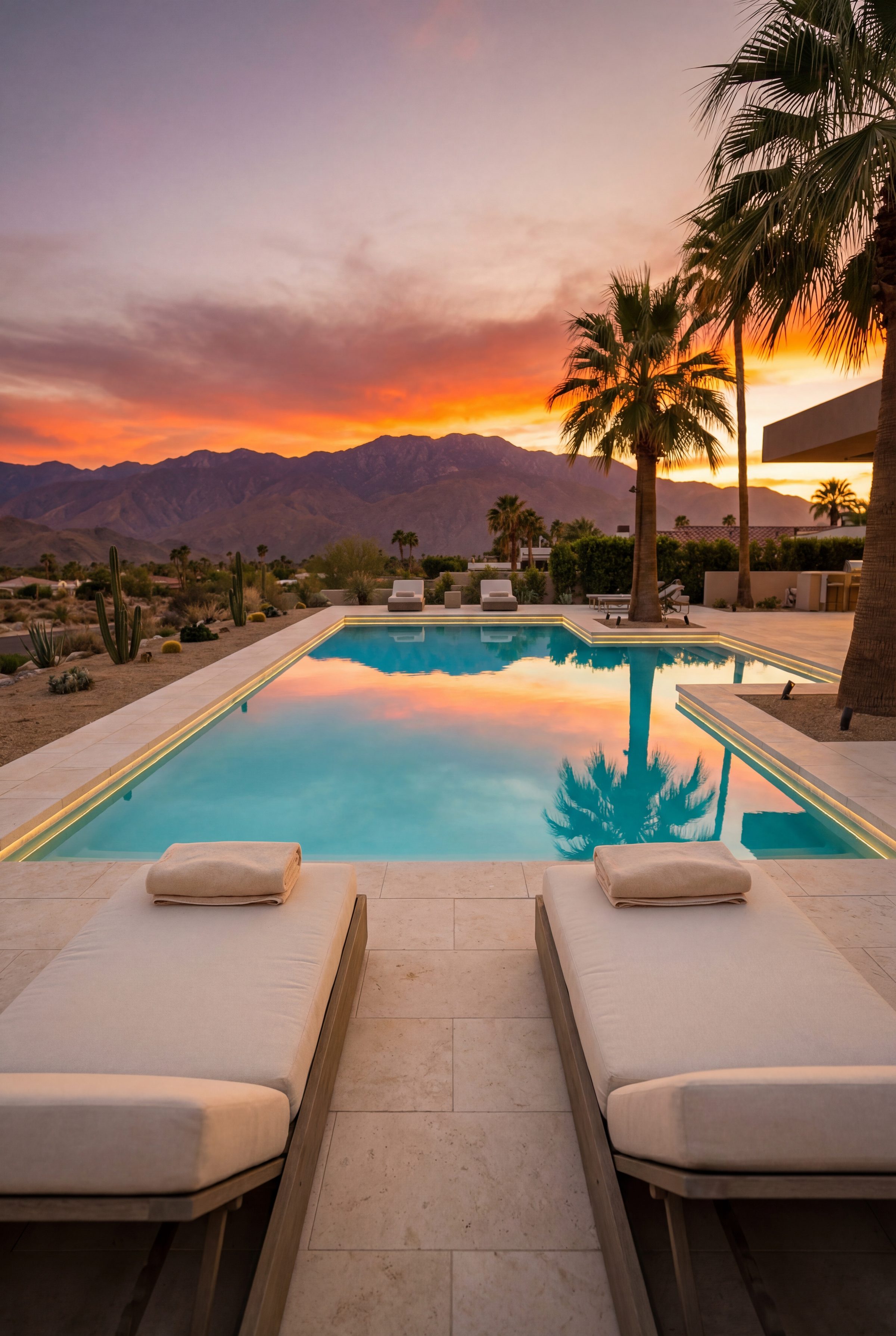 Private pool with desert landscaping at golden hour