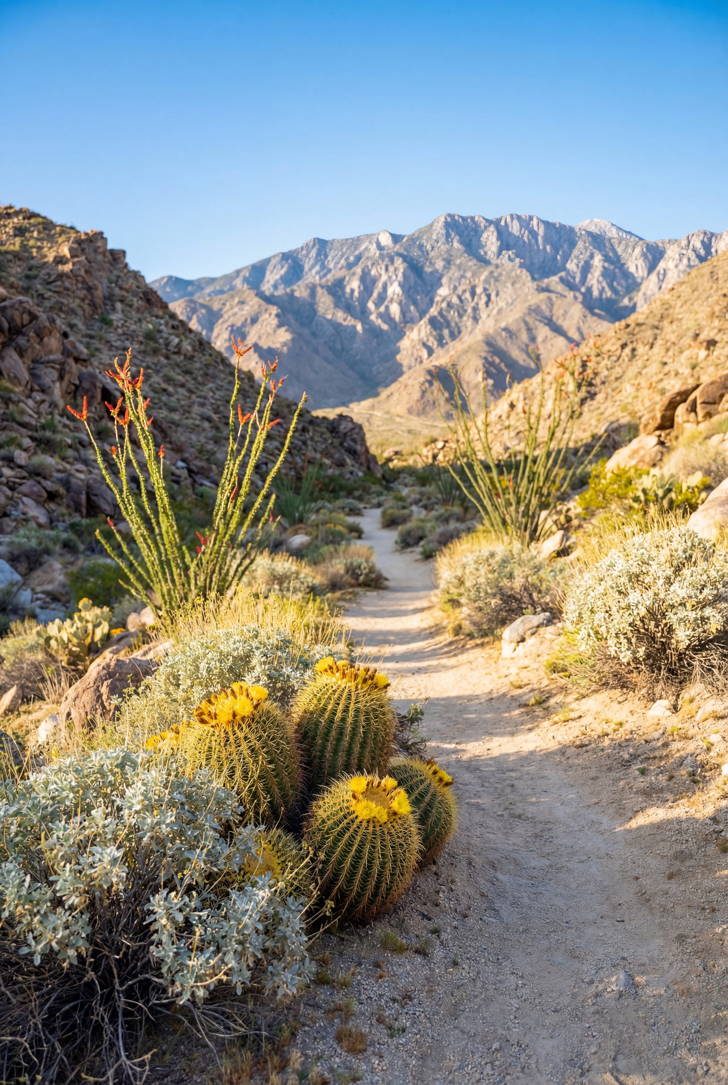 Desert hiking trail through rocky canyon landscape